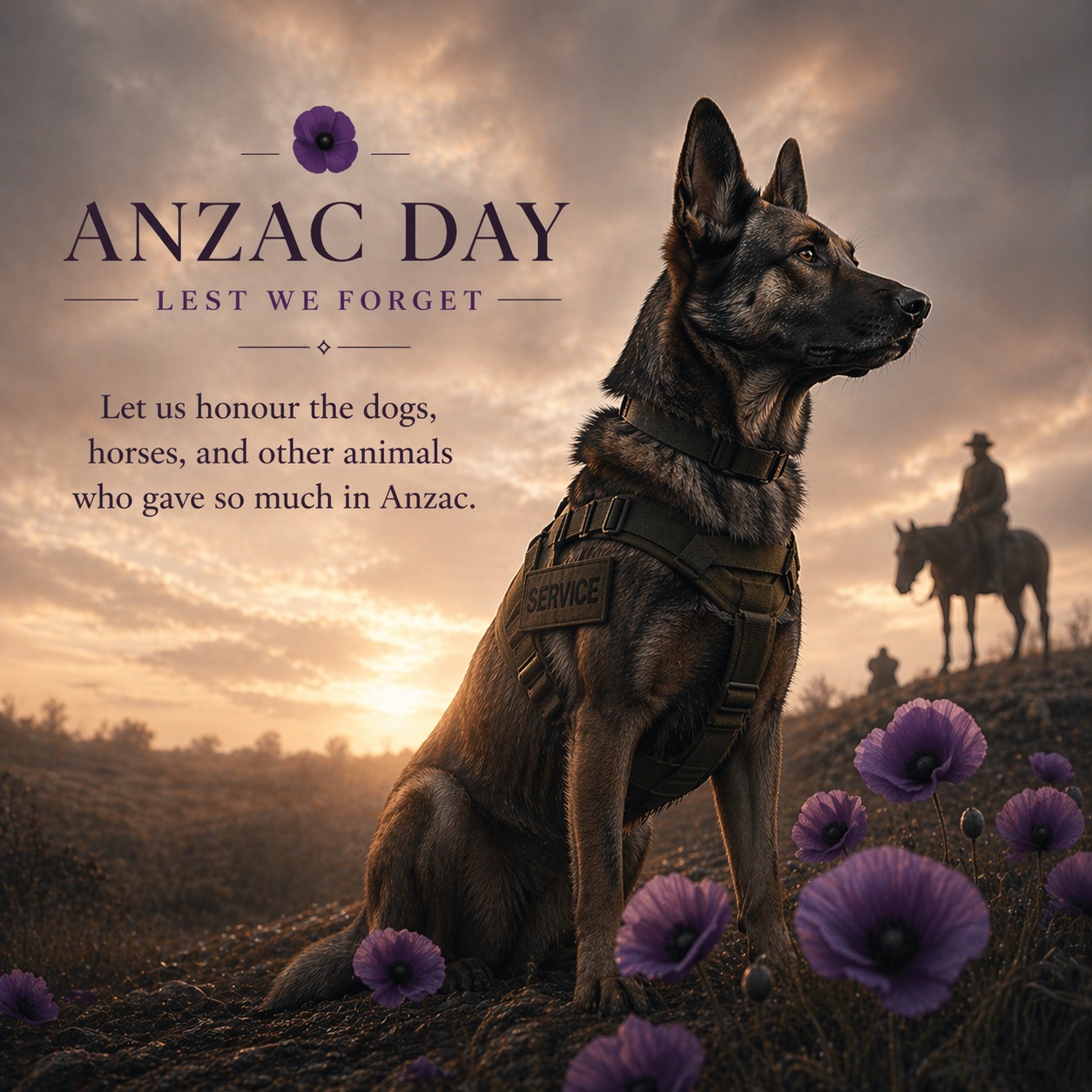Today, we pause to remember not only the soldiers who served, but the animals who stood beside them.
Dogs who carried messages through danger.
Horses who bore the weight of war without question.
Animals who gave their loyalty, their strength, and, too often, their lives.
They did not choose the battlefield.
But they served with courage all the same.
On this Anzac Day, we honour their sacrifice.
We remember their service.
Lest we forget.