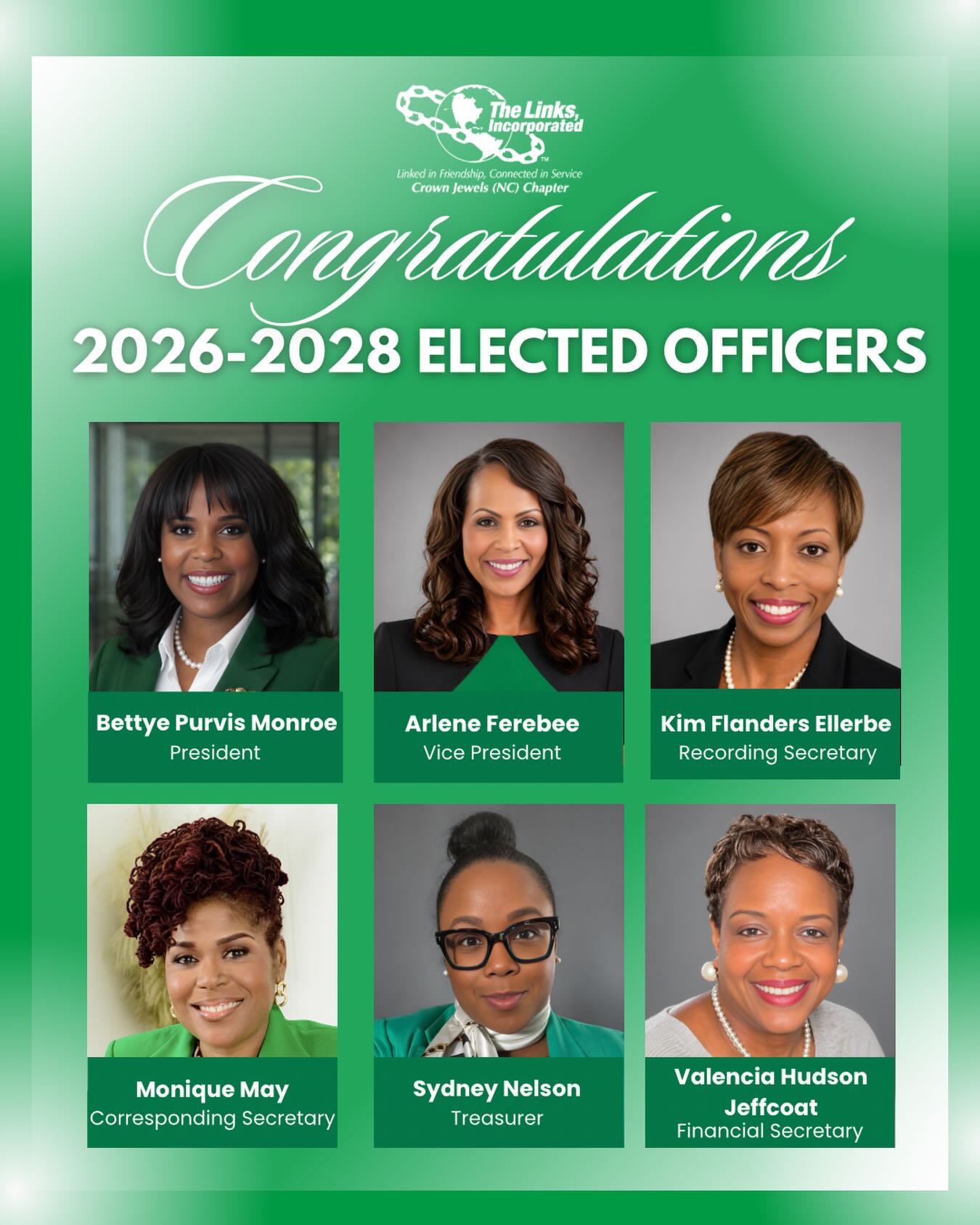 Congratulations to the newly elected officers of the Crown Jewels (NC) Chapter of The Links, Incorporated for the 2026–2028 program year.
We proudly introduce a dynamic team of leaders who have answered the call to serve:
🔗 Bettye Purvis Monroe, President
🔗Arlene Ferebee, Vice President
🔗 Kim Flanders Ellerbe, Recording Secretary
🔗 Monique May, Corresponding Secretary
🔗 Sydney Nelson, Treasurer
🔗 Valencia Hudson Jeffcoat, Financial Secretary
Your willingness to lead reflects a deep commitment to friendship, service, and our shared responsibility to move the chapter forward with purpose and care. We look ahead with confidence in your impact.
We also extend sincere gratitude to our outgoing officers. Your leadership strengthened our chapter and built a lasting foundation for what’s ahead.
#crownjewelslinks #salinksinc #linksinc #collectiveexcellence #leadership
