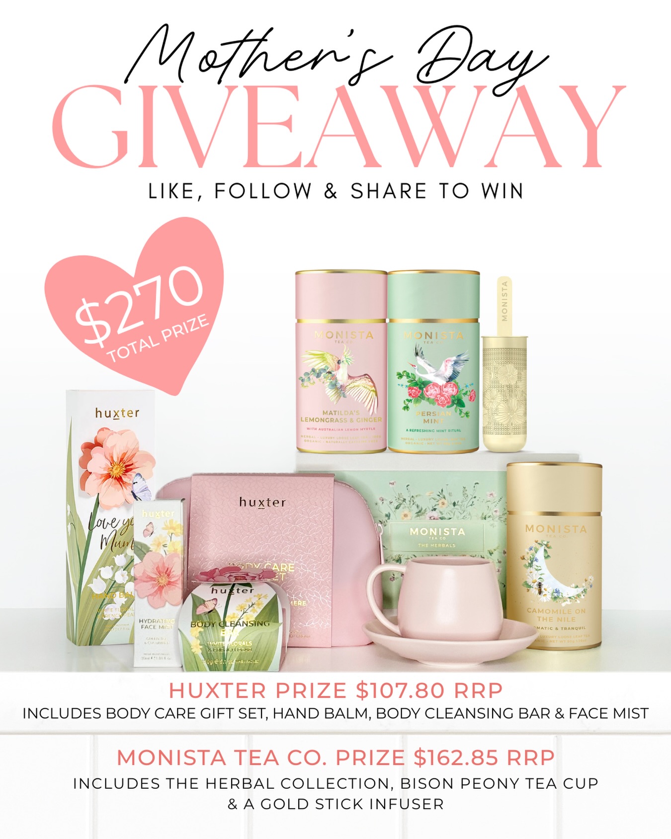 Competition Now Closed winner notified 6 May 2026
🌸 MOTHER’S DAY GIVEAWAY 🌸
Win the ultimate self-care & tea experience valued at $270!
We’ve partnered with @huxterhome to create the perfect Mother’s Day prize ~ a beautiful collection designed to help Mum relax, unwind and enjoy life’s little luxuries. 💛
🎁 The Prize Includes ($270 Value)
From Huxter ~ Valued at $107.80
✨ Body Care Gift Set
✨ Hand Balm
✨ Body Cleansing Bar
✨ Face Mist
From Monista ~ Valued at $162.85
🫖 The Herbal Collection Gift Set
🌸 Bison Peony Tea Cup
✨ Gold Stick Infuser
How to Enter:
1️⃣ Follow @monista_tea_co
2️⃣ Follow @huxterhome
3️⃣ Like this post
4️⃣ Tag a friend in the comments
💫 Each tag = 1 entry
💫 Tag more friends for more chances to win
💫 Bonus: Share this post to your stories and tag us for an extra entry
Competition Details:
📅 Competition ends: Wednesday 6 May 2026 at 11AM AEST
🏆 Winner announced: Via Instagram stories and contacted via DM
*Competition open to Australian residents only