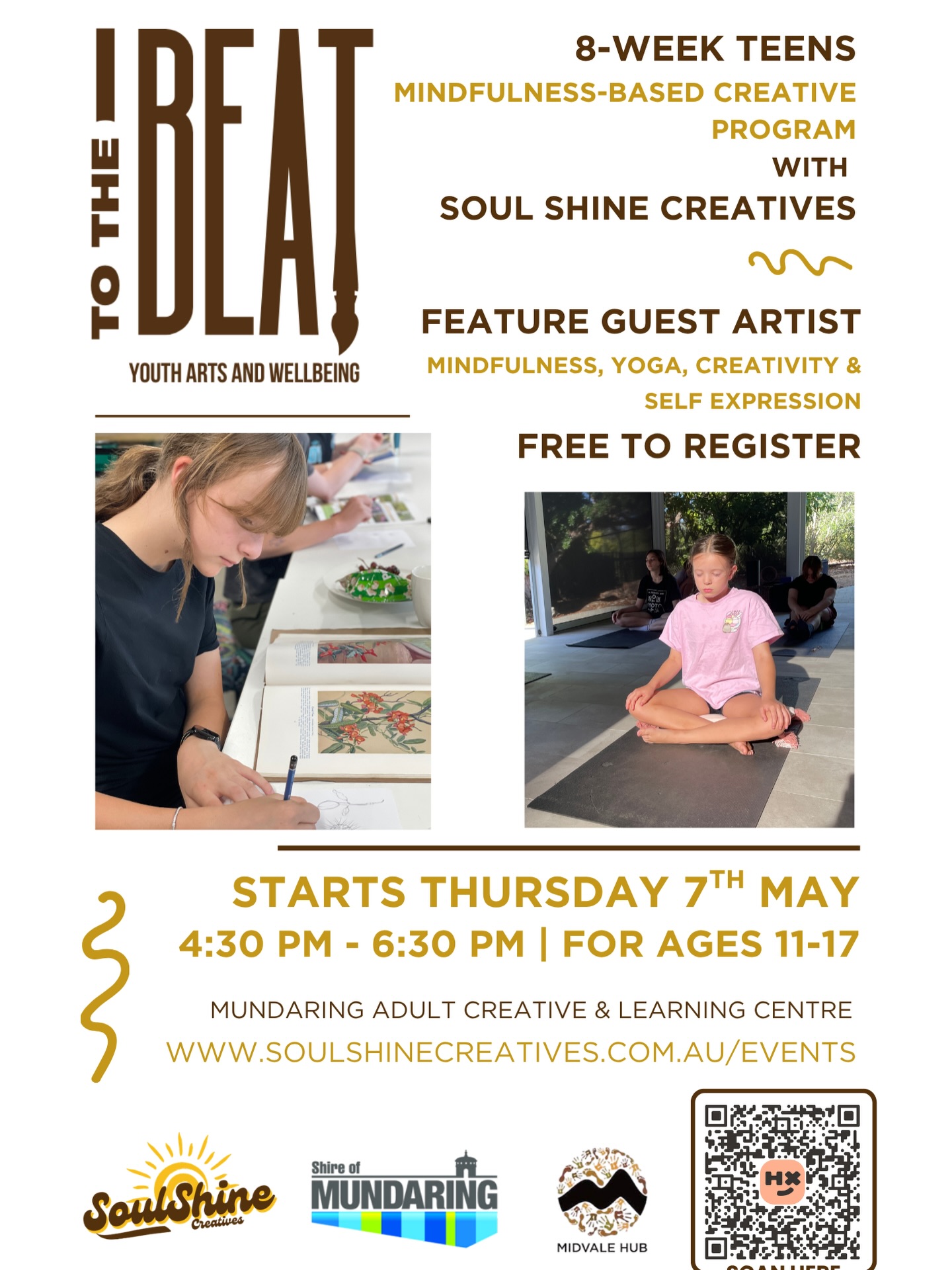 We’re excited to be launching Term 2 of To The Beat 🎨🧘♂️
A mindfulness-based creative program for teens, designed to support young people to slow down, tune in, and express themselves through art, movement, and creative exploration.
Across the term, we explore simple mindfulness principles in a relaxed, hands-on way, helping participants build awareness, confidence, and tools they can carry into everyday life. There’s no pressure and no experience needed, just space to show up and create in your own way.
✨ Free program (funded by Shire of Mundaring)
✨ Ages 11–17
✨ Perth Hills
We can’t wait to begin another term of creativity, connection, and mindful exploration. 🙂
Link in bio for details / registration.
@shireofmundaringyouth
@shireofmundaring
#teensyoga #artforwellbeing #creativity #teenwellbeing #soulshinecreatives