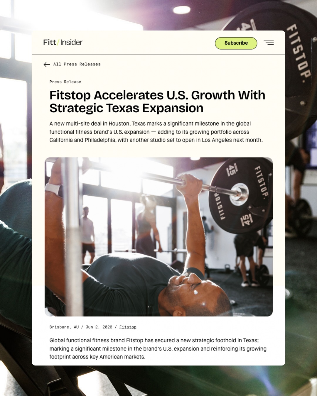 Promotion 14 Fitstop is coming to Texas! A major milestone for our growing global community.
With a new multi-site deal in Houston, starting with @fitstop_memorial. Another studio opening at @fitstop_playadelrey, Los Angeles next month. The U.S. is moving fast — and we’re just getting started. The demand for structured, coach-led strength training is growing. We’re here to meet it 💪
Read the full story via Fitt Insider. Link in bio.