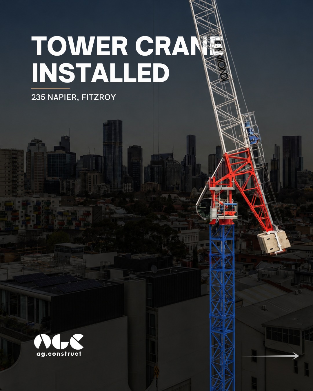A major milestone for AG Construct at 235 Napier Street, Fitzroy. The tower crane is now installed and ready to support the next m…