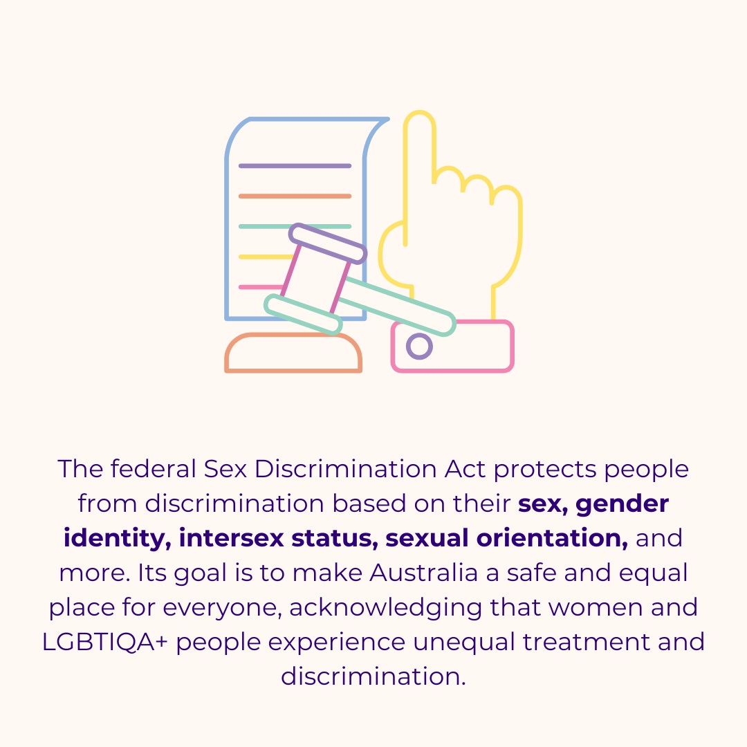 The Sex Discrimination Act protects people from discrimination based on their sex, gender identity, intersex status, sexual orientation and more. Its goal is to make Australia a safe and equal place for everyone, acknowledging that women and LGBTIQA+ people experience unequal treatment and discrimination. This factsheet is intended to give general advice only and should not be used as a substitute for legal advice. #transgender #trans #equalrights