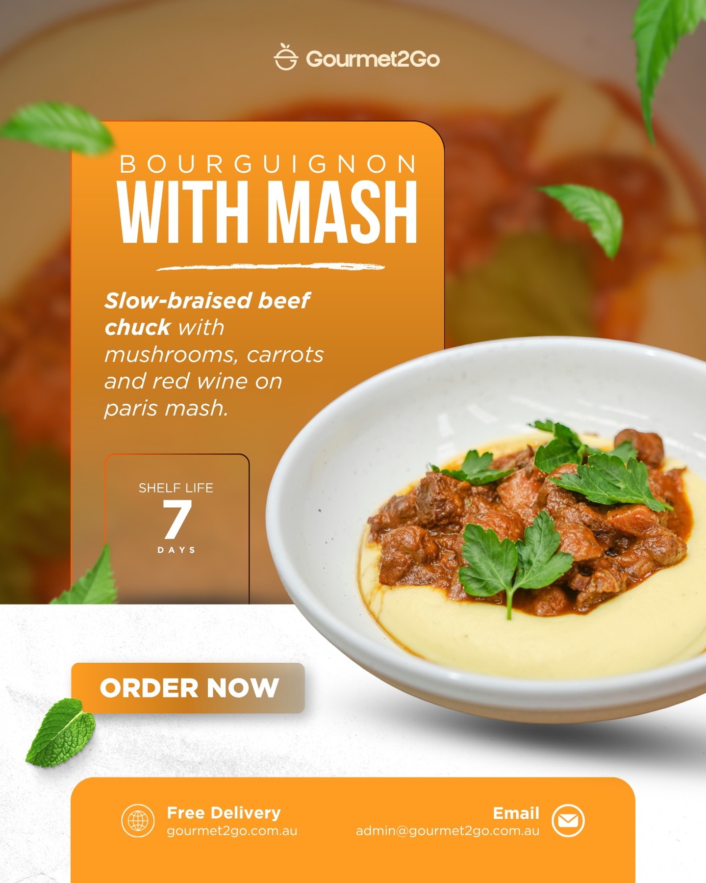 Slow-braised beef chuck, mushrooms, carrots and red wine, all on a bed of paris